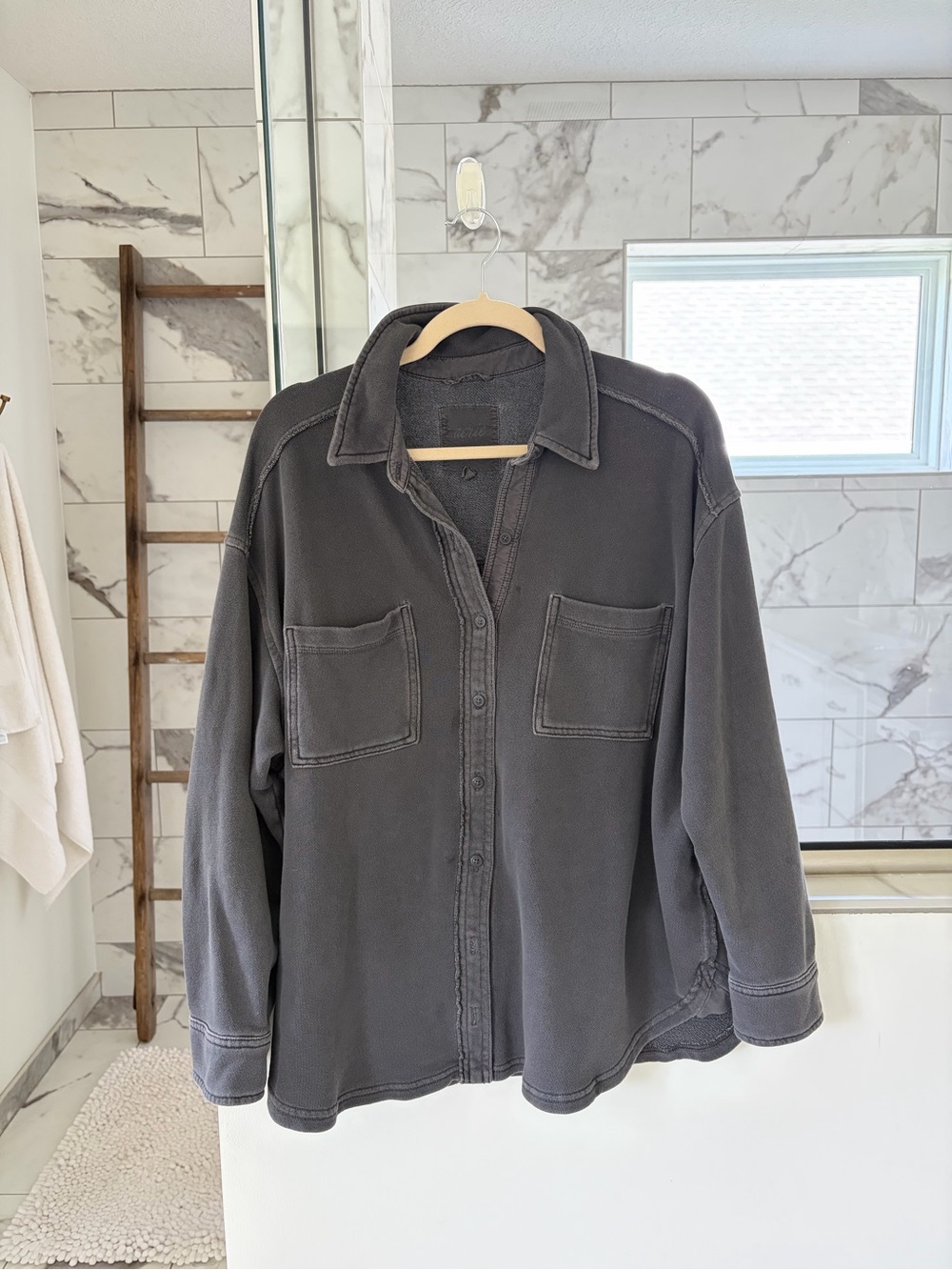 AERIE Charcoal Gray Button Crew Pullover